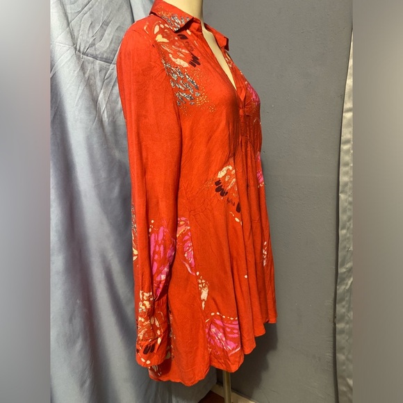 Free People Red Bell Sleeve Tunic with Mandarin Collar - Picture 9 of 13